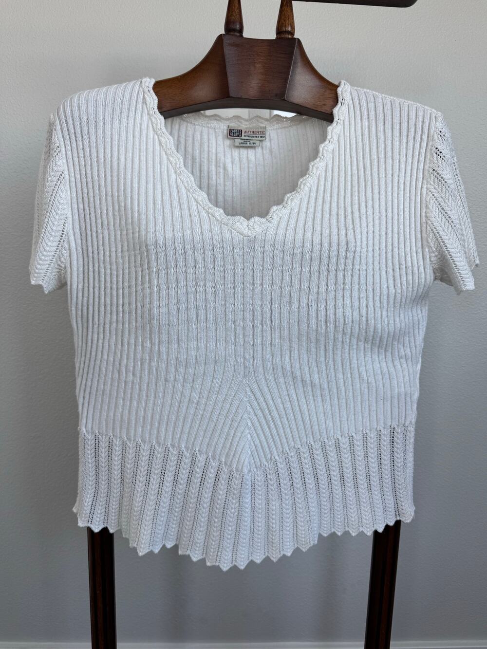 VTG Y2K Faded Glory White Rib Knit Top L Scalloped Neck Cottagecore Coquette